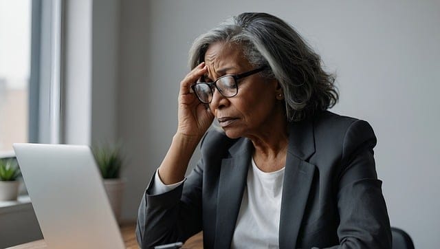 Woman feeling stressed, working on a computer
