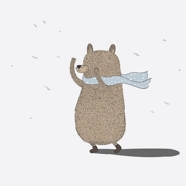 Cartoon bear, wearing scarf, being pushed back by the wind