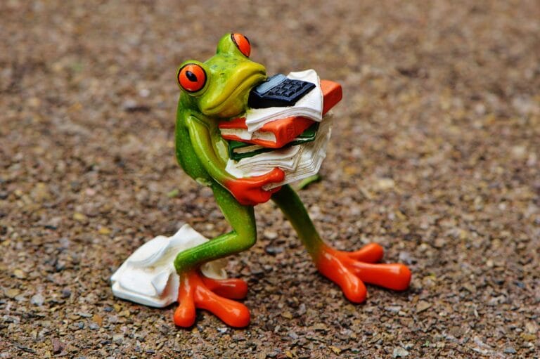 Frog carrying pile of papers