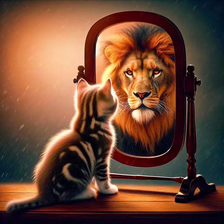 Confident cat seeing its reflection as a lion
